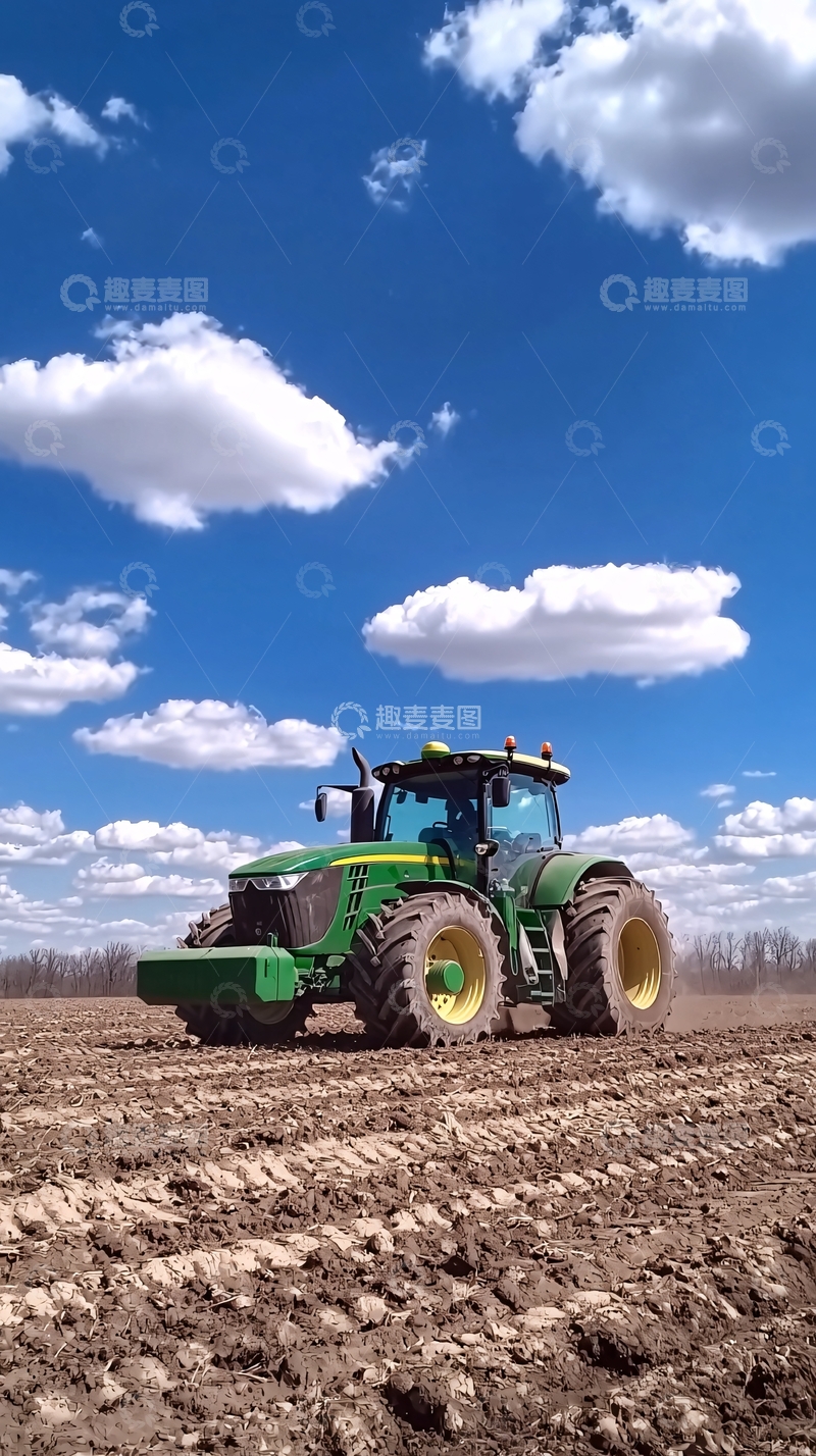 高清大图下载【趣麦麦图】蓝天白云下的绿色拖拉机