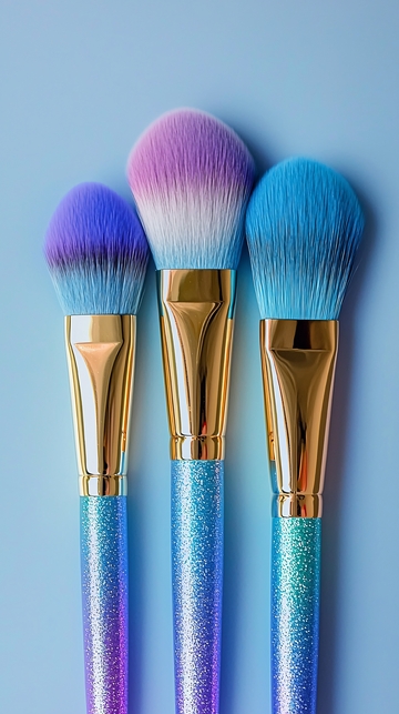 蓝色背景的三把化妆刷