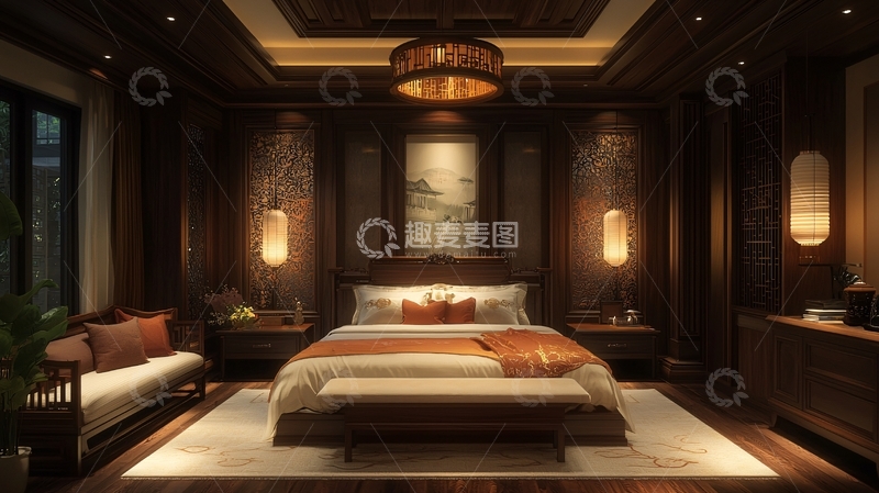 高清大图下载【趣麦麦图】豪华中式风格卧室