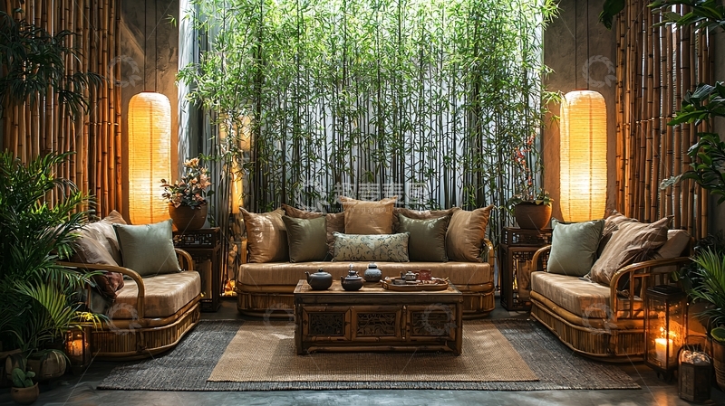 高清大图下载【趣麦麦图】竹林庭院休闲区