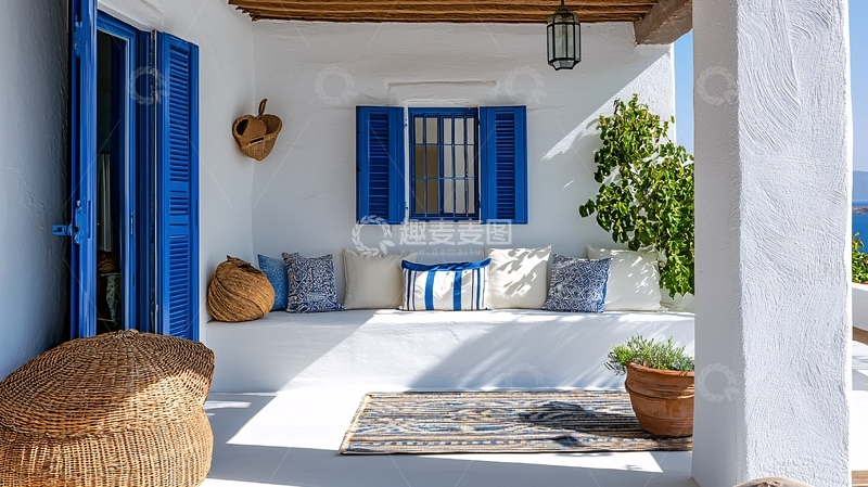 高清大图下载【趣麦麦图】地中海风格白色房屋阳台