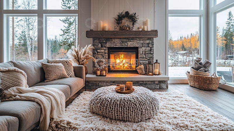 高清大图下载【趣麦麦图】温暖舒适的客厅壁炉