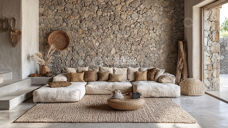 高清大图下载【趣麦麦图】米色沙发石墙的室内设计