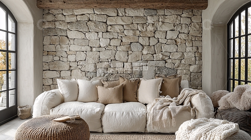 高清大图下载【趣麦麦图】石头墙沙发休闲区