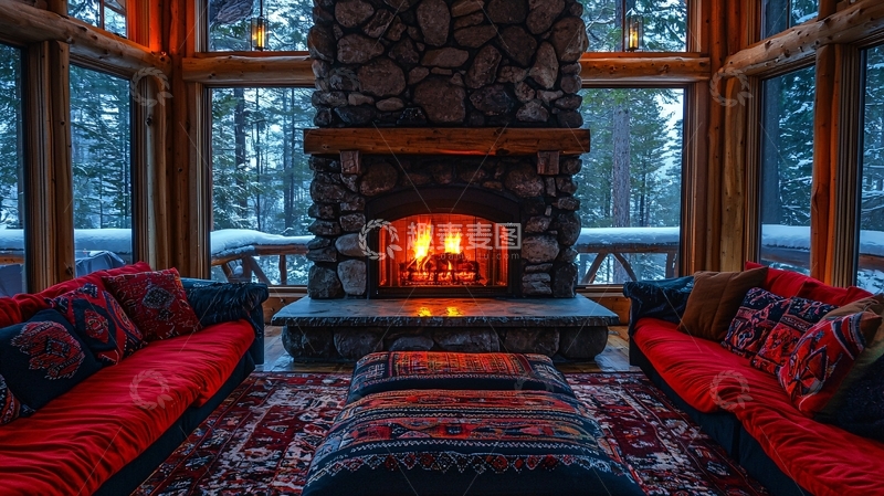 高清大图下载【趣麦麦图】温暖舒适的木屋壁炉
