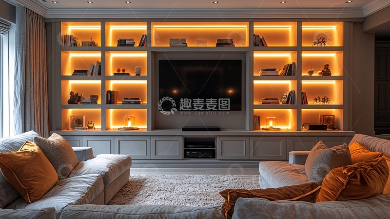 高清大图下载【趣麦麦图】电视墙收纳柜暖光氛围