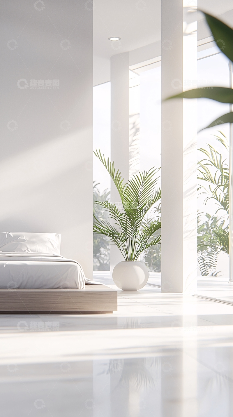 高清大图下载【趣麦麦图】极简白色卧室阳光洒进