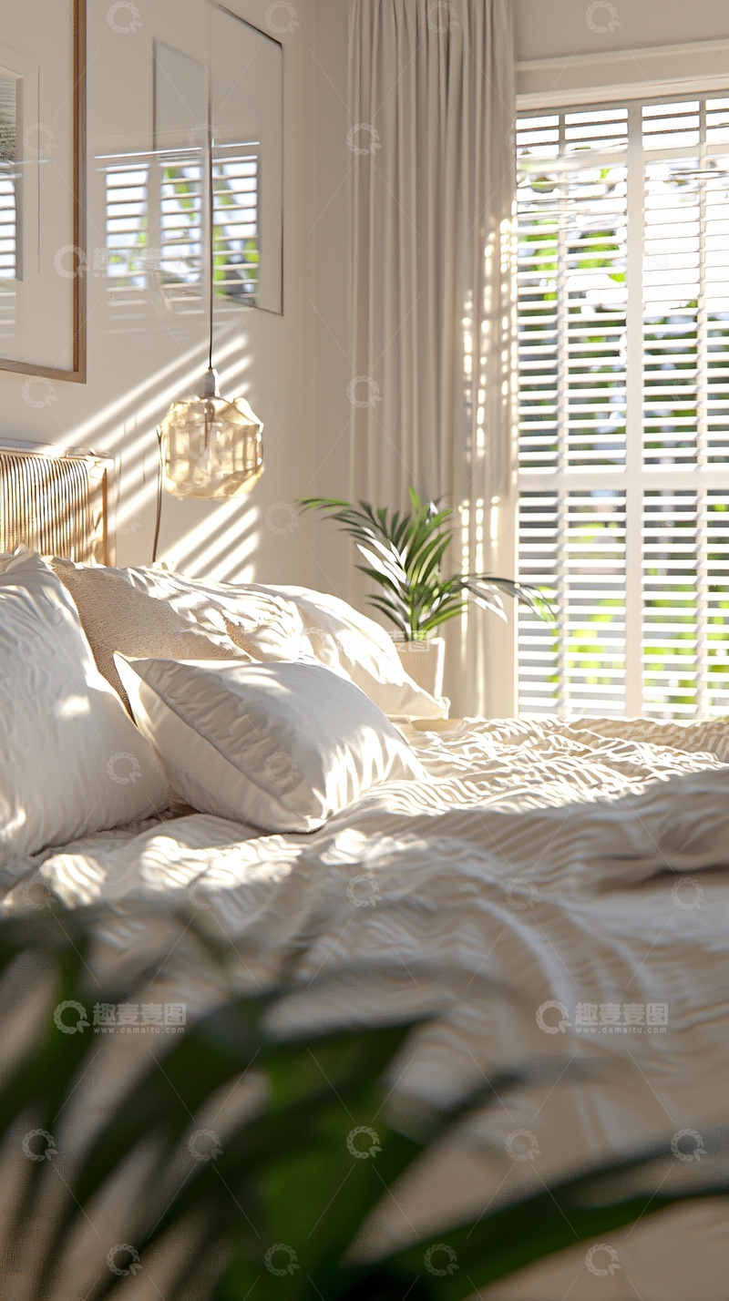 高清大图下载【趣麦麦图】阳光洒满卧室床铺