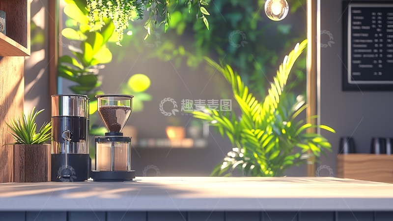 高清大图下载【趣麦麦图】阳光洒进绿意盎然的咖啡店