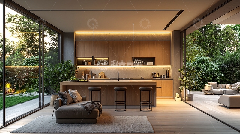 高清大图下载【趣麦麦图】开放式厨房客厅一体