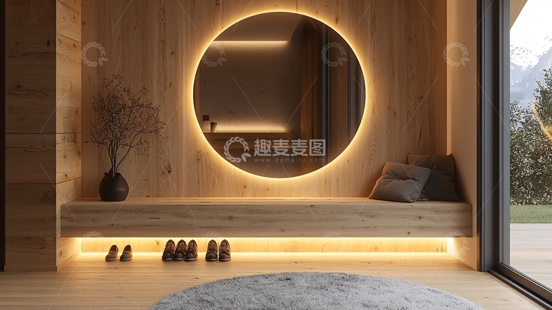 高清大图下载【趣麦麦图】简约木质风圆形镜面装饰