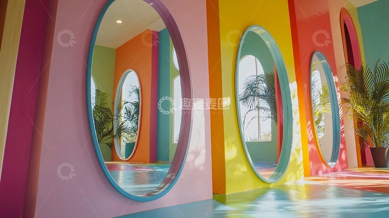 高清大图下载【趣麦麦图】彩色墙壁椭圆形镜子