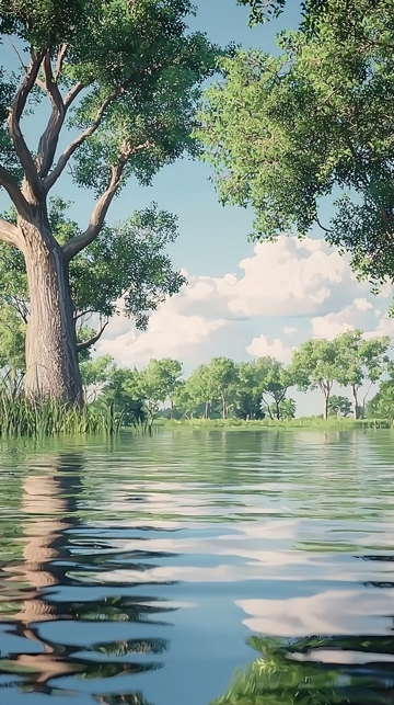 阳光下的湖边树木