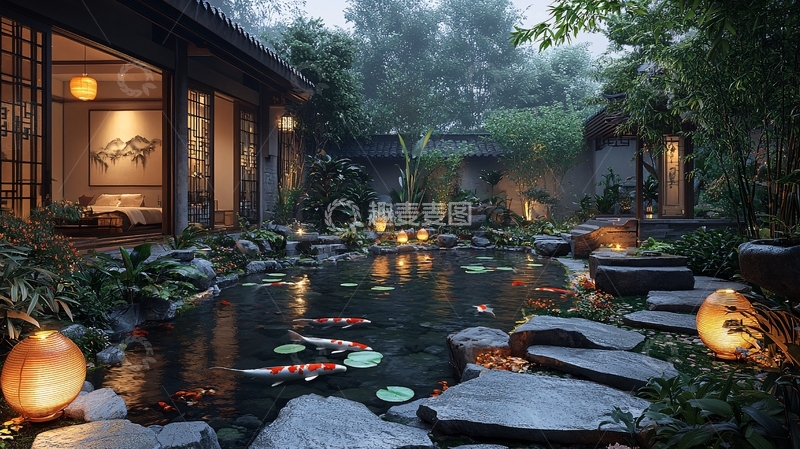 高清大图下载【趣麦麦图】庭院夜景