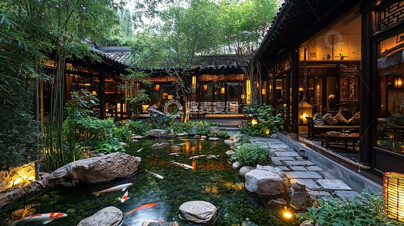 高清大图下载【趣麦麦图】中式庭院锦鲤池塘建筑