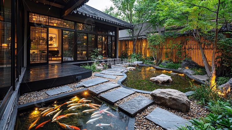 高清大图下载【趣麦麦图】中式庭院锦鲤池塘建筑
