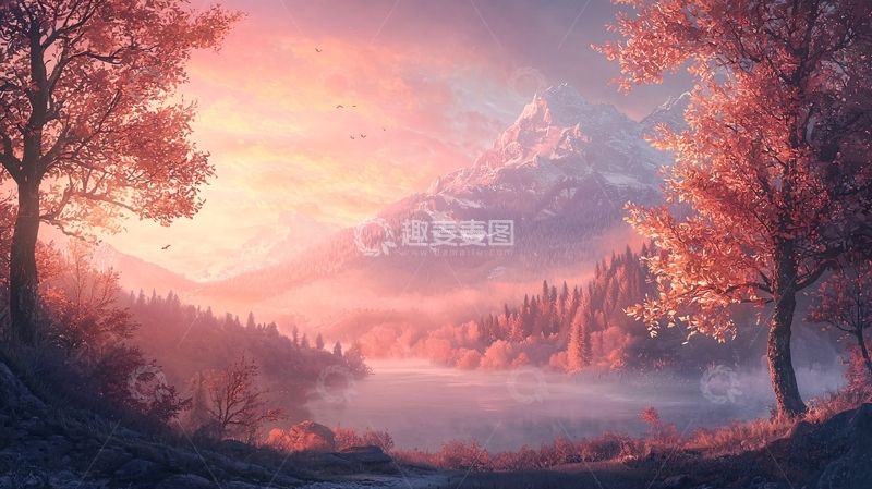高清大图下载【趣麦麦图】梦幻粉色日出山峰湖泊
