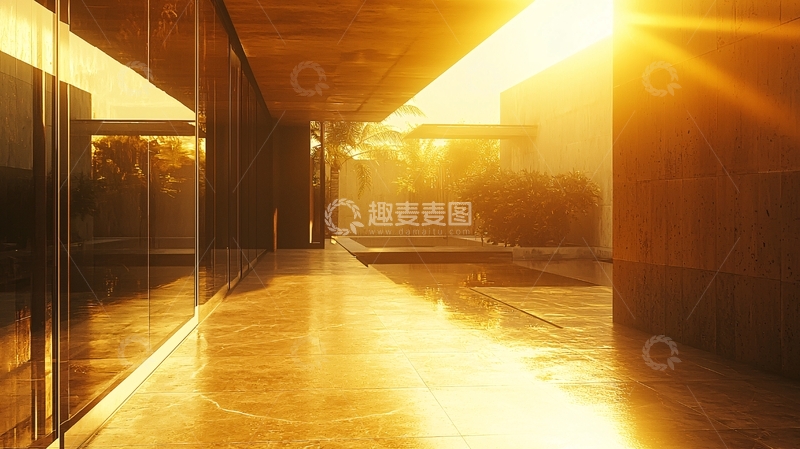 高清大图下载【趣麦麦图】阳光洒进现代建筑走廊