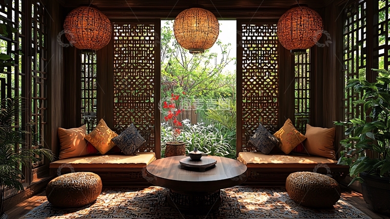 高清大图下载【趣麦麦图】东方禅意风格会客厅