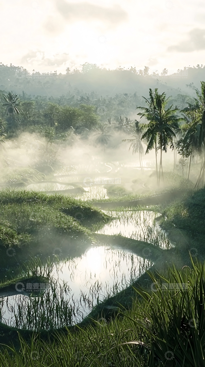 高清大图下载【趣麦麦图】雾气缭绕的稻田风光