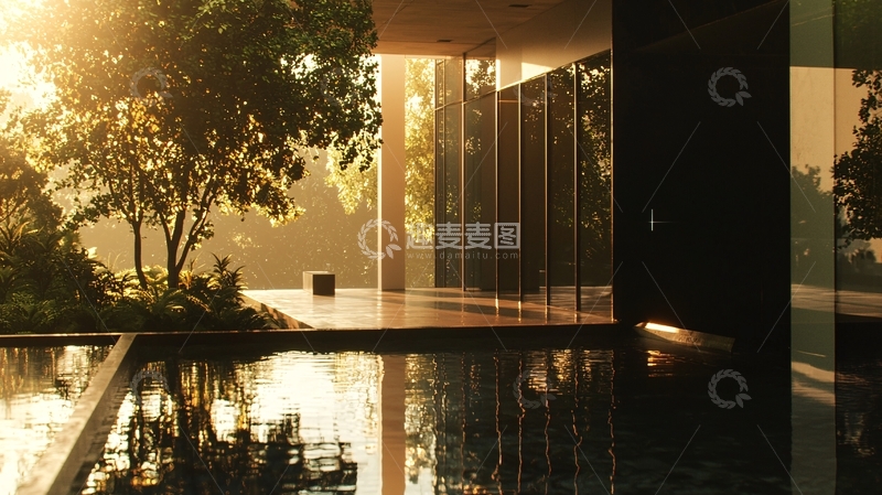 高清大图下载【趣麦麦图】阳光透过树叶洒在庭院