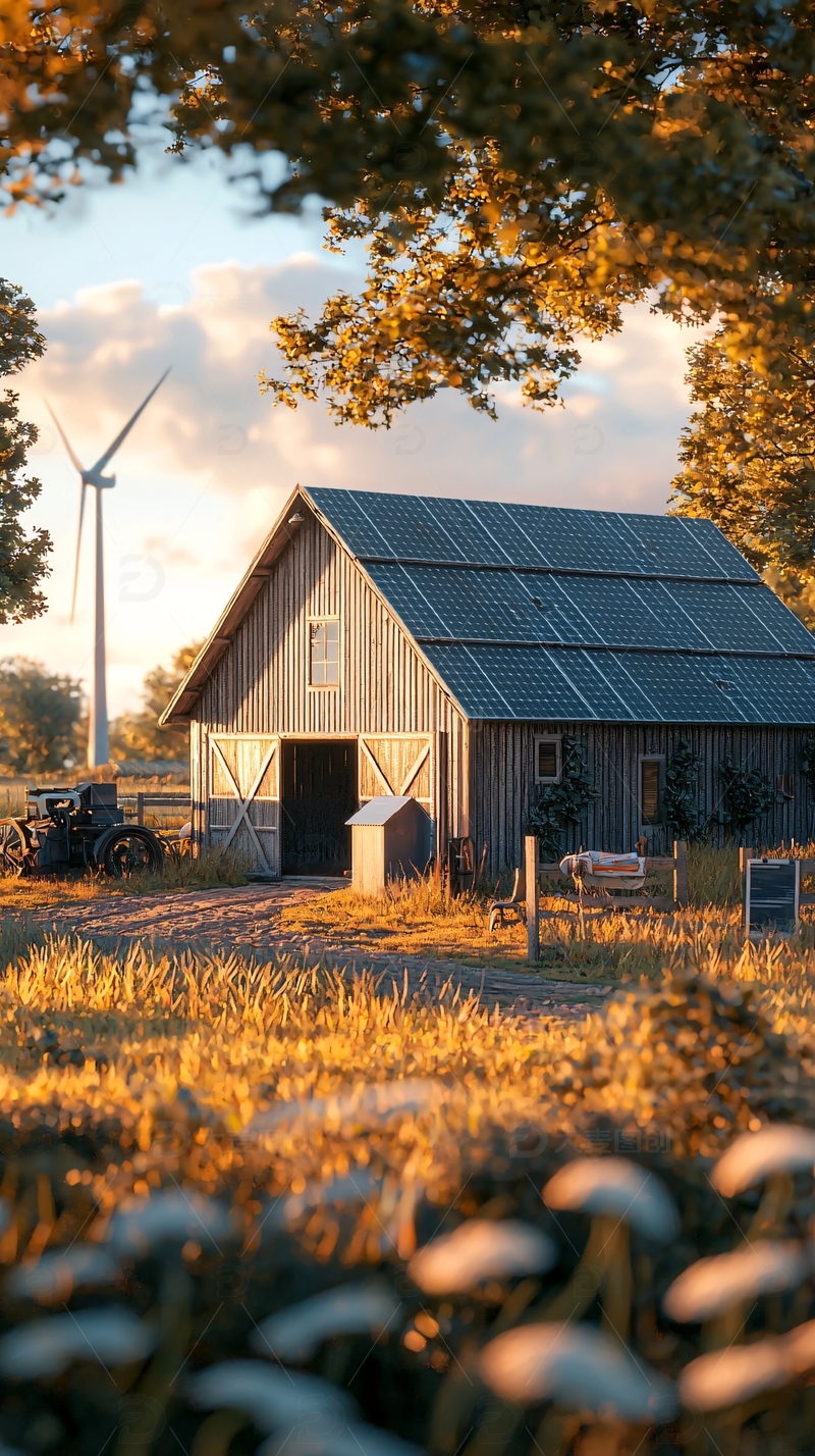 高清大图下载【趣麦麦图】秋日农场木屋日落景色