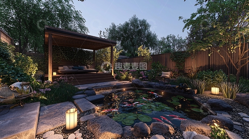 高清大图下载【趣麦麦图】夜间日式庭院一角