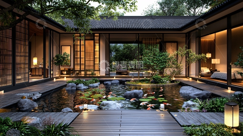 高清大图下载【趣麦麦图】-日式庭院夜景