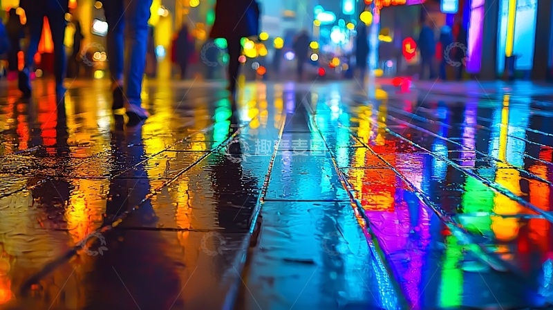 高清大图下载【趣麦麦图】雨夜城市街道霓虹倒影