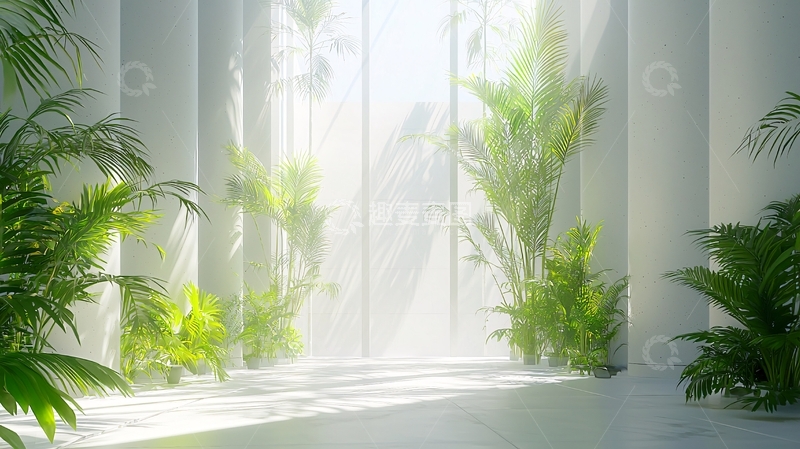 高清大图下载【趣麦麦图】阳光透过柱廊照进热带植物