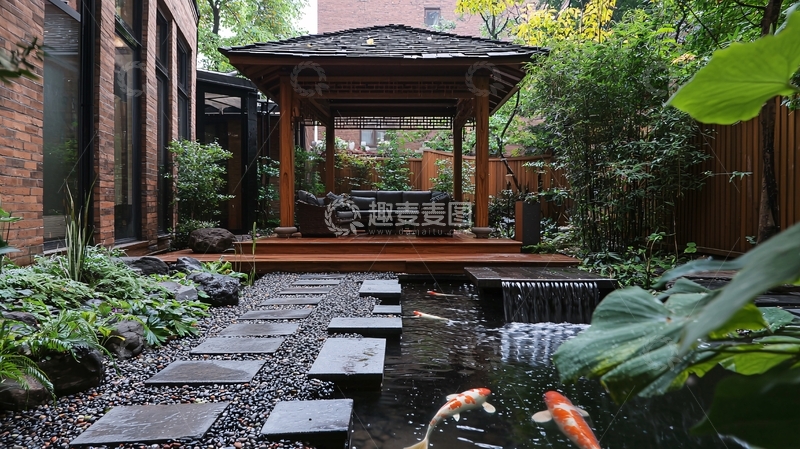 高清大图下载【趣麦麦图】日式庭院凉亭锦鲤流水