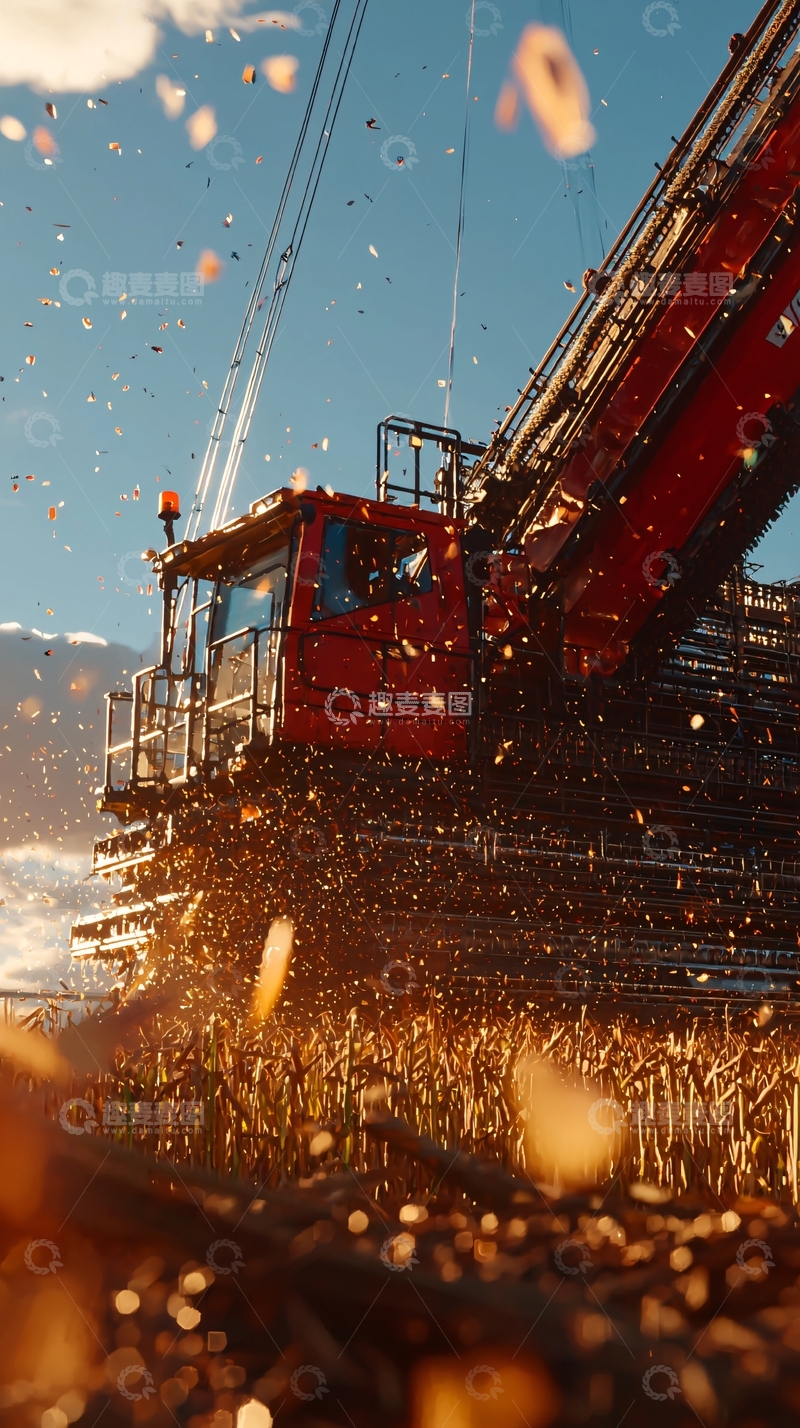 高清大图下载【趣麦麦图】收获季节红色收割机