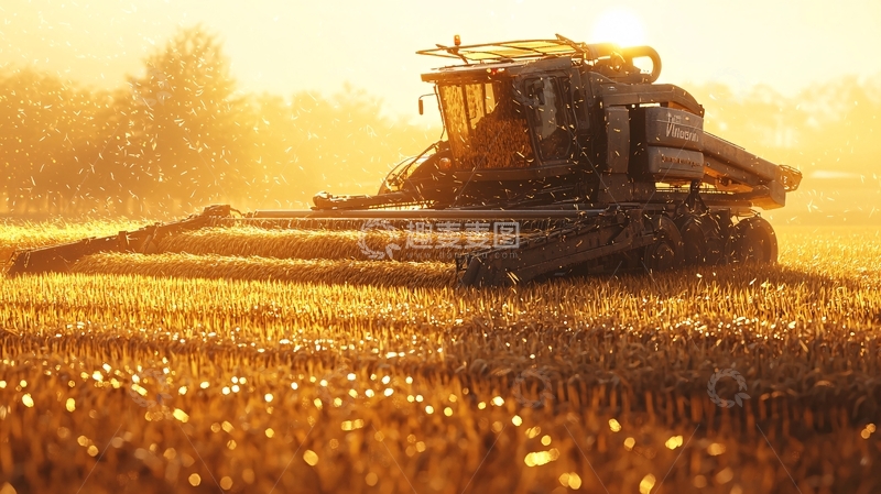 高清大图下载【趣麦麦图】夕阳下收割机作业
