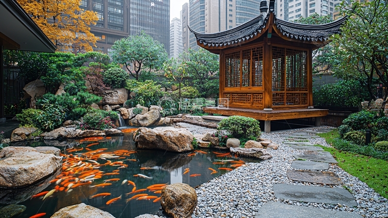 高清大图下载【趣麦麦图】中式庭院景观水池凉亭