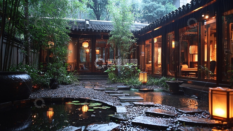 高清大图下载【趣麦麦图】雨夜江南庭院