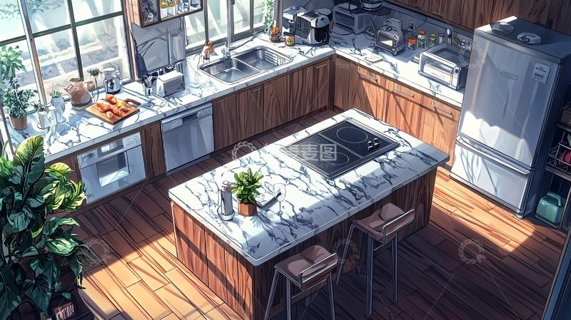 高清大图下载【趣麦麦图】阳光洒满的原木色厨房