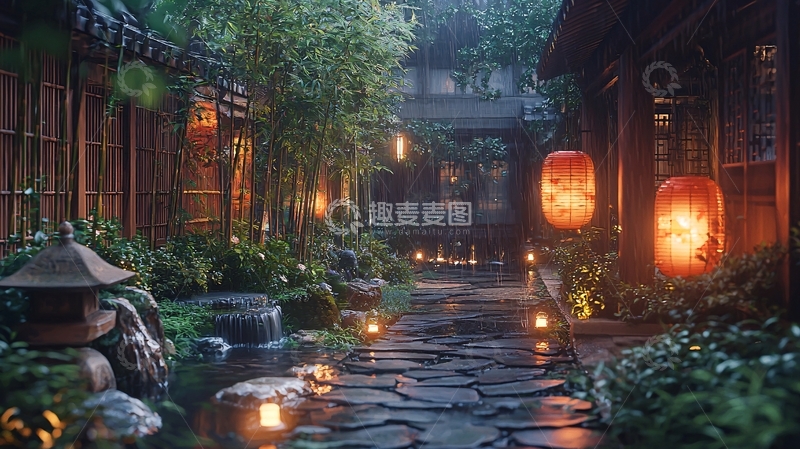 高清大图下载【趣麦麦图】雨夜古镇