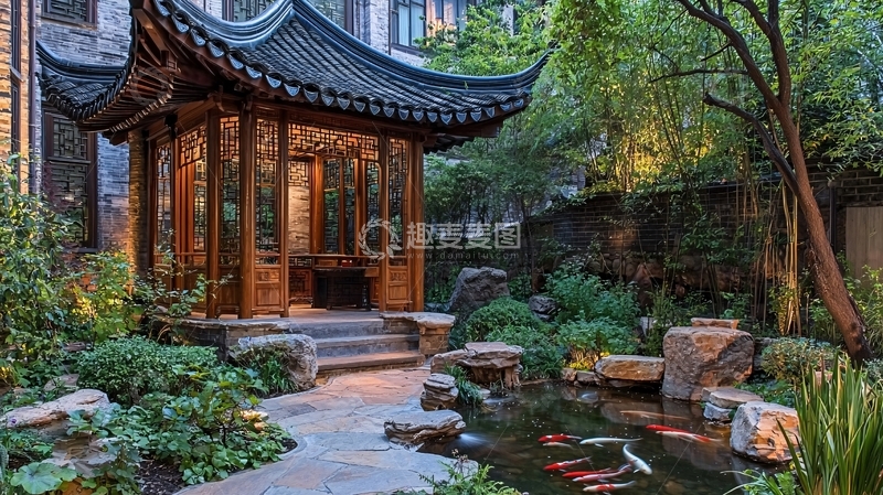 高清大图下载【趣麦麦图】中式庭院的凉亭与池塘