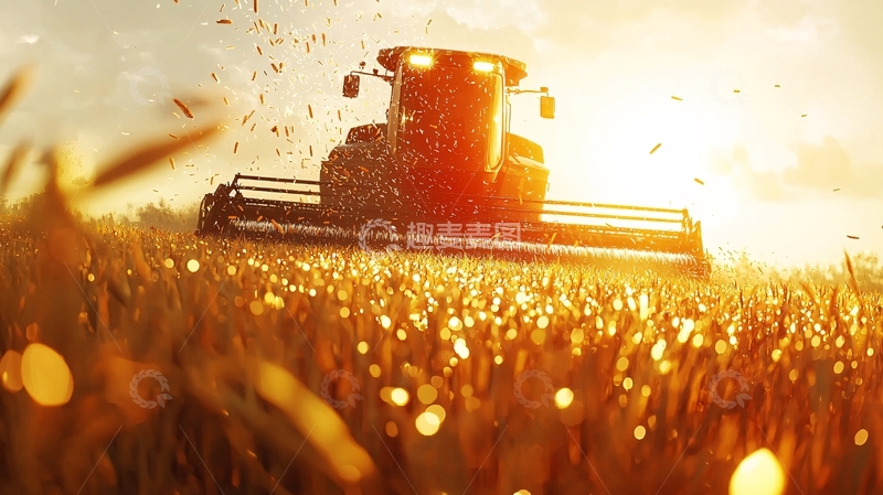 高清大图下载【趣麦麦图】夕阳下收割机收割麦田