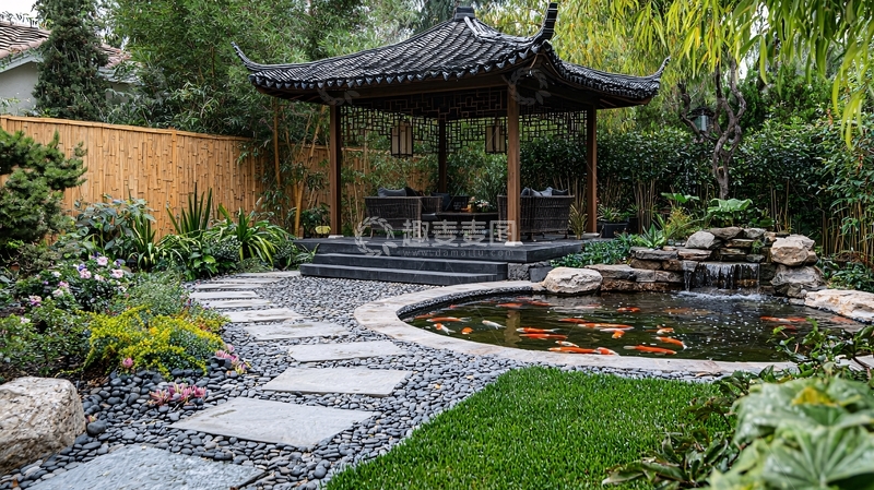 高清大图下载【趣麦麦图】中国风庭院凉亭锦鲤池