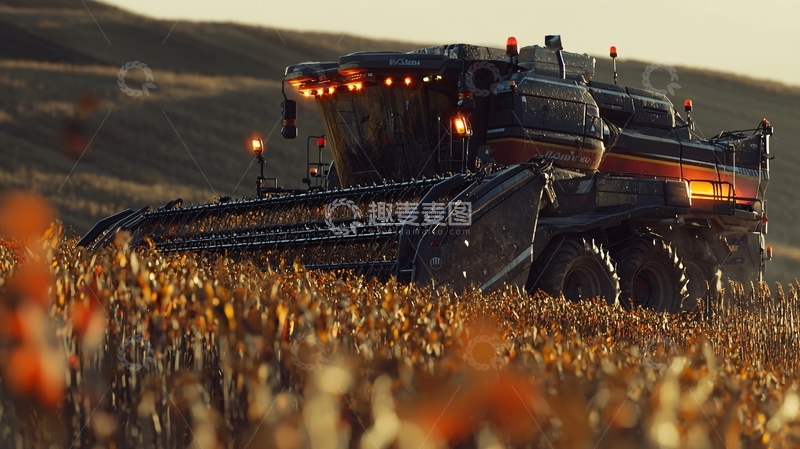高清大图下载【趣麦麦图】夕阳下收割机在田野作业