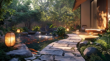 日式庭院灯笼小路池塘