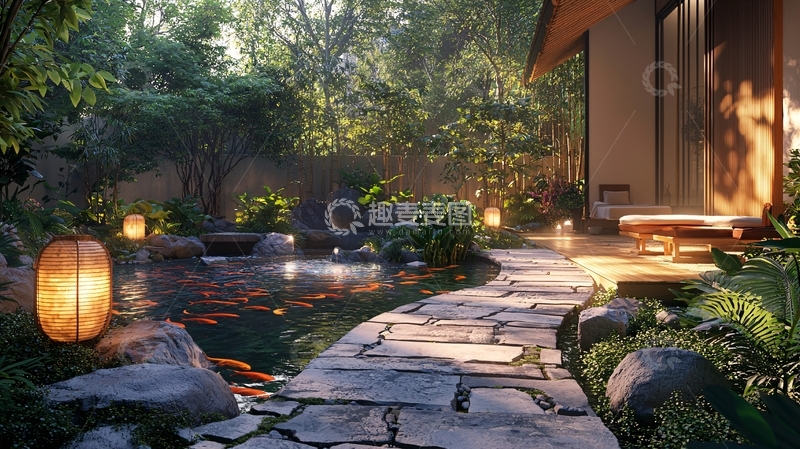 高清大图下载【趣麦麦图】日式庭院灯笼小路池塘