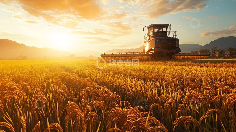 高清大图下载【趣麦麦图】金色稻田收割机日落