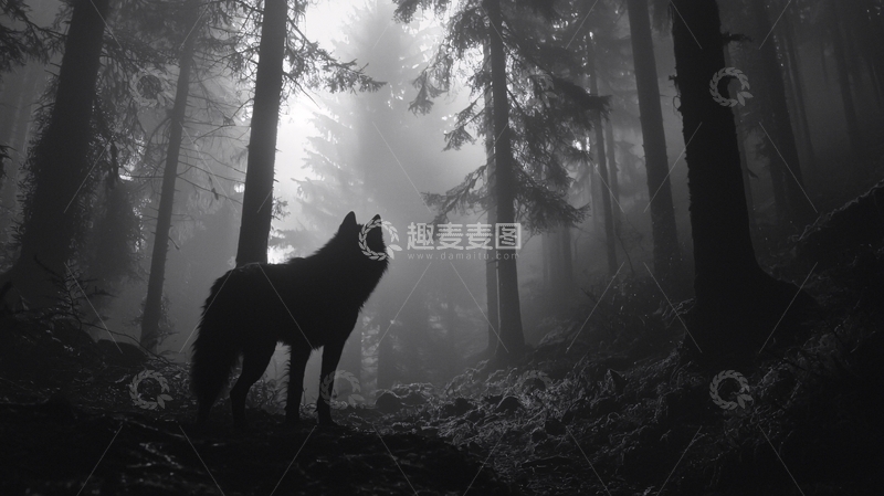 高清大图下载【趣麦麦图】黑森林中孤狼剪影