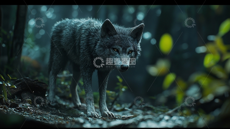 高清大图下载【趣麦麦图】森林中灰狼凝视