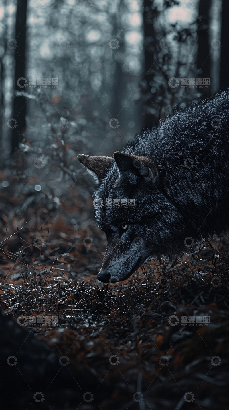 高清大图下载【趣麦麦图】深色森林中一只灰狼