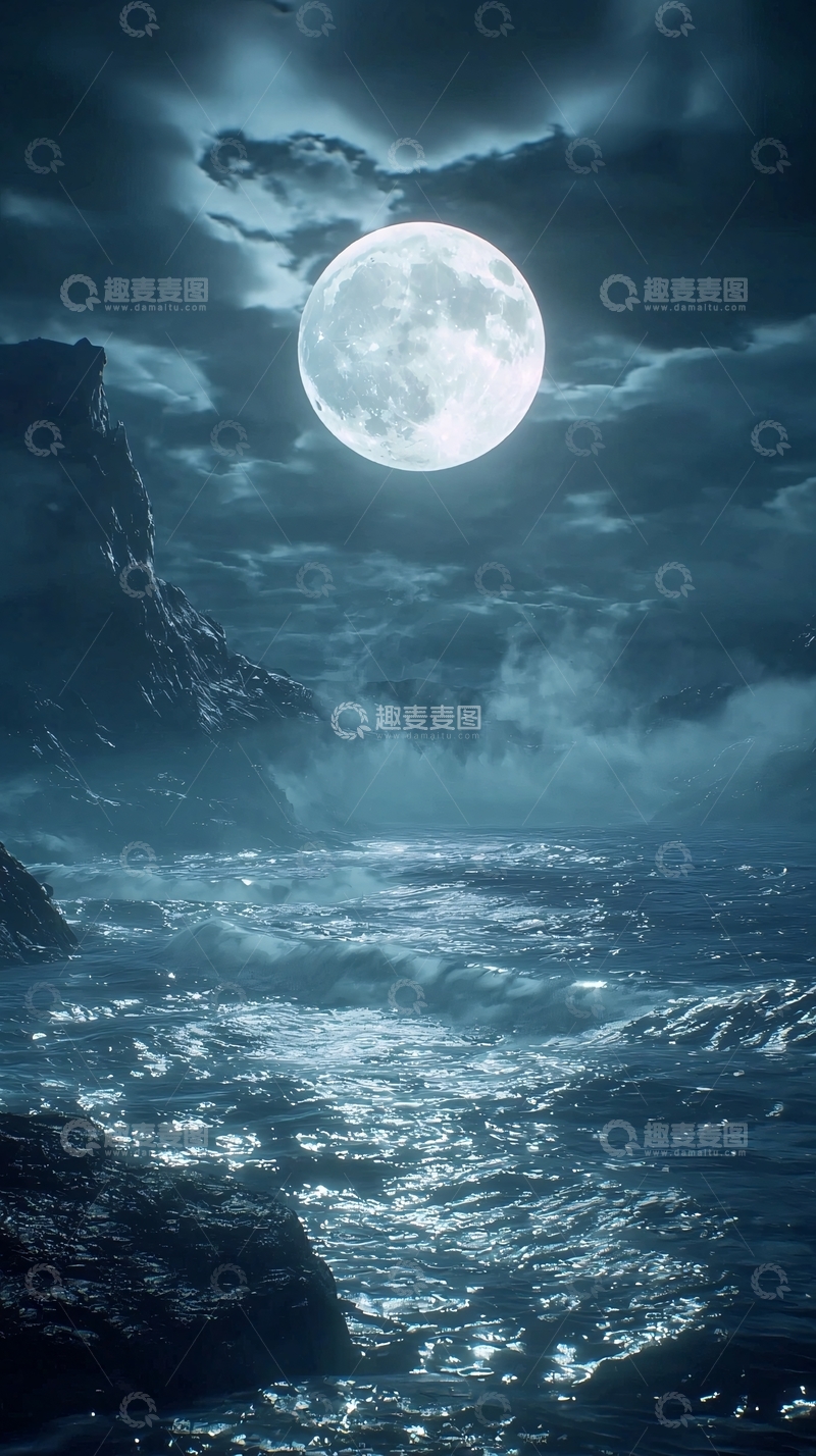 高清大图下载【趣麦麦图】暗夜海边圆月夜景