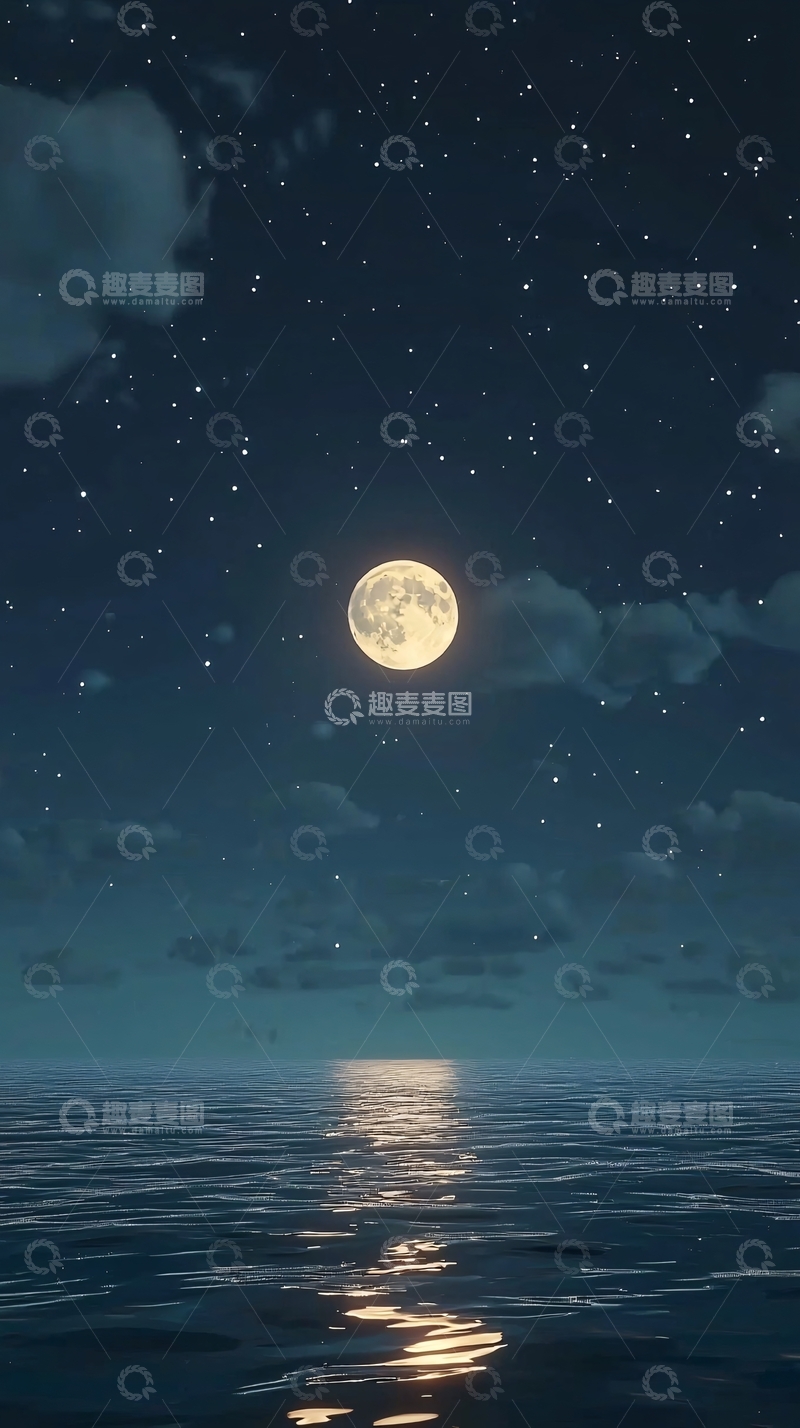 高清大图下载【趣麦麦图】夜空明月海面星光