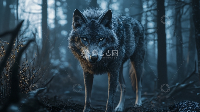 高清大图下载【趣麦麦图】森林中灰狼凝视
